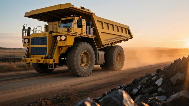 Gold mining Industrial heavy dump truck driving dusty dirt road near rocky terrain sunset with warm sunlight creating atmospheric mining