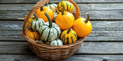 A basket filled with a variety of pumpkins and gourds, including yellow, orange, and white varieties, placed on a wooden surface with a rustic, weathered look.