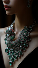 AI generator images of Necklace , peacock necklace adorned with green and blue gemstones made from diamonds, emeralds, jade and zircons.