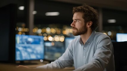 A cybersecurity supervisor monitoring threat-detection graphs on a dark operations floor, neon-lit servers humming in the background — digital defense oversight, network security management, and - Powered by Adobe