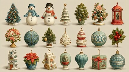 Collection of colorful retro Christmas icons showing snowmen, trees, ornaments, and holiday elements arranged in a grid format