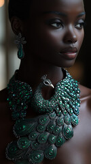 AI generator images of Necklace , peacock necklace adorned with green and blue gemstones made from diamonds, emeralds, jade and zircons.
