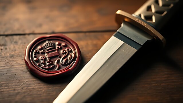 unsheathed. A broken family crest seal next to an unsheathed dagger on a wooden surface. event programs, museum guides, designed for cultural heritage projects and event programs, preserves heritage.
