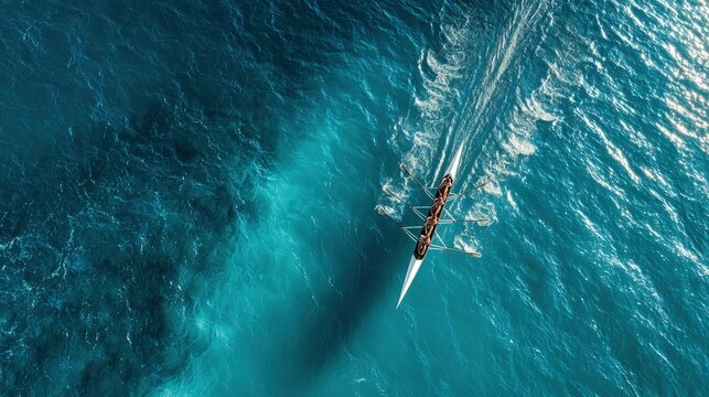 Women's rowing team practices on blue water, captured from above during sunny weather