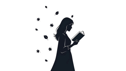 A silhouette illustration of a woman engrossed in reading a book, surrounded by falling autumn leaves against a white backdrop
