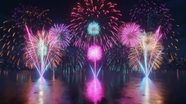 Spectacular Fireworks Bursting Over a City Reflecting on Calm Water