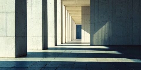 A long, empty corridor with concrete pillars and a blue wall on the right side, illuminated by sunlight from the left, casting shadows on the floor.