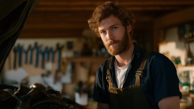 A mechanic working under warm workshop lighting in a home garage, tools neatly arranged on a pegboard as they troubleshoot a classic car engine. cinematic color correction, natural uneven lighting