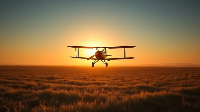 sardonyx. Early biplane flying over grassy field at dawn, long shadow sweeping across the ground. mobility guides, transit brochures, designed for transport & logistics marketing.
