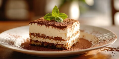 A slice of tiramisu on a white plate, garnished with a sprig of mint, on a wooden table with a blurred background.