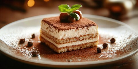 A slice of tiramisu topped with chocolate shavings and fresh berries on a white plate, garnished with a sprig of basil, set against a dark wooden table with a blurred background.