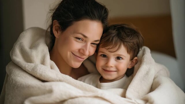 A mother and child sharing a soft moment in a sunlit laundry room, warm air rising from freshly dried clothes as the child hides playfully inside a pile of fluffy towels &mdash; everyday chores