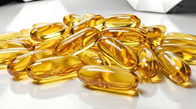 a vibrant close up showcases a generous pile of glistening golden omega 3 fish oil capsules reflecting light and promoting health benefits