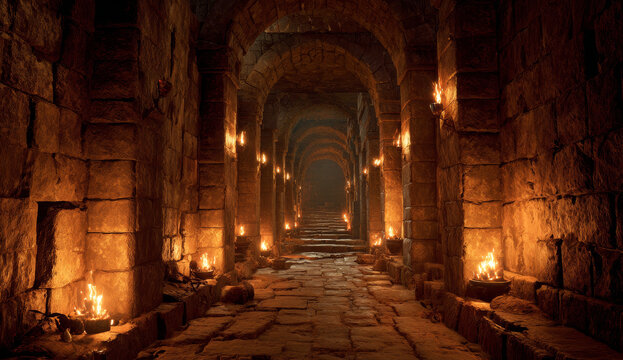 Dimly lit ancient stone corridor illuminated by flickering flames along arched walls and rugged cobblestone floor