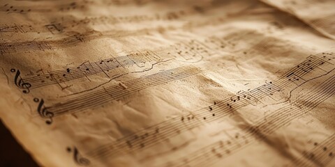Sheet music with musical notes and staffs, laid out on a wooden table with a blurred background