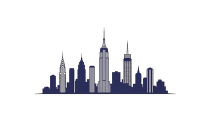 Obraz premium A silhouetted skyline featuring prominent skyscrapers of varying heights in a dark blue hue against a white background. It represents a modern cityscape