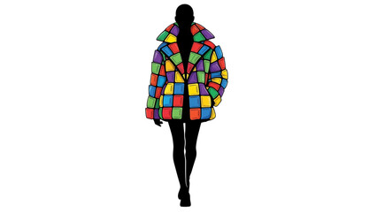 Fototapeta premium A silhouetted figure walks forward, wearing a coat of colorful, pixelated squares. Black legs and arms complete the silhouette