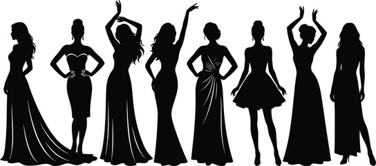 Obraz premium Elegant women silhouette collection wearing evening gowns and dresses, fashion poses, glamour style concept for beauty, luxury and feminine design