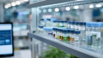 A pharmaceutical lab storing medication vials in RFID-tracked cabinets, secure access logs updating automatically to ensure compliance and prevent handling errors. cinematic color correction,
