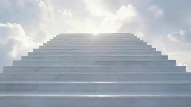 A beautiful, simple white marble stairway to heaven builds itself higher and higher in clouds in an infinite loop. Hope for salvation in the face of God. Self improve a way for a higher purpose.