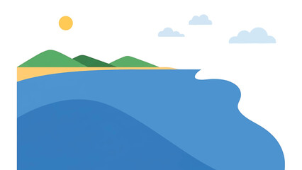 Obraz premium A simple, abstract illustration of a coastal scene. It features green mountains, a yellow beach, blue sea with waves, a sun, and clouds