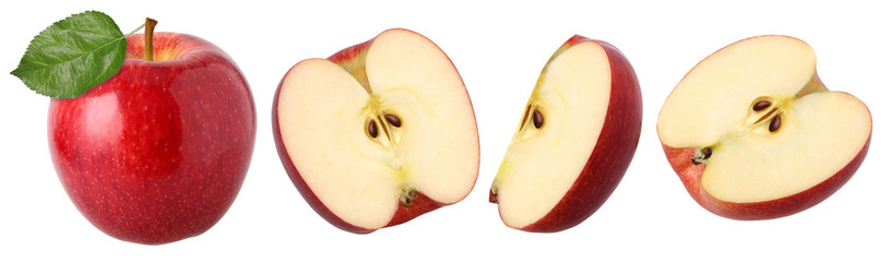 red apple with leaves, half and slice isolated, fresh red apple, transparent PNG, collection