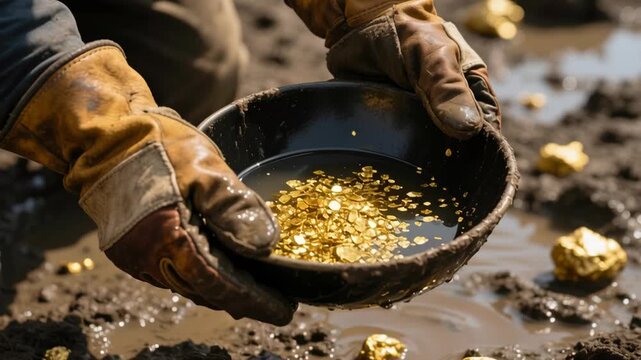 Gold mining. Gold nugget pan held by gloved hands industrial mining process with muddy water and natural outdoor environment showcasing mining