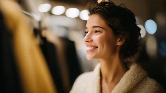 A shopper standing in a softly lit fitting room, comparing two outfits in a full-length mirror as warm LED backlighting highlights textures and colors with a boutique-quality glow. cinematic color