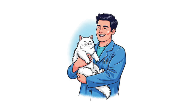A smiling person in a blue coat holds a fluffy white cat. The illustration is colorful with a clean, vibrant style - Powered by Adobe