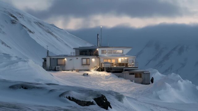 A snowed-in remote research outpost relying on solar-battery hybrids, scientists checking energy reserves as polar night conditions limit power generation. cinematic color correction, natural