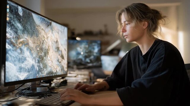 A technical artist adjusting particle systems on a workstation, crafting swirling clouds, sparks, and cascading waterfalls for a fantasy TV series &mdash; procedural effects, realism enhancement, and