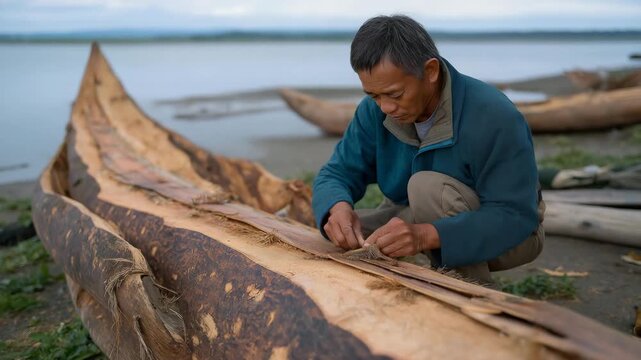 A traditional boatbuilder constructing a wooden canoe by riverside, steaming planks shaped by hand and tied with natural fibers &mdash; ancestral watercraft tradition, outdoor craftsmanship, and