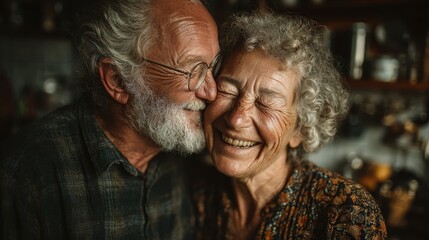 Old couple smiling and embracing in kitchen while enjoying their time together during a cozy morning