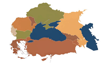 Obraz premium A simplified, color-coded political map of a region, showing countries outlined with different shades of brown, green and orange. Includes seas