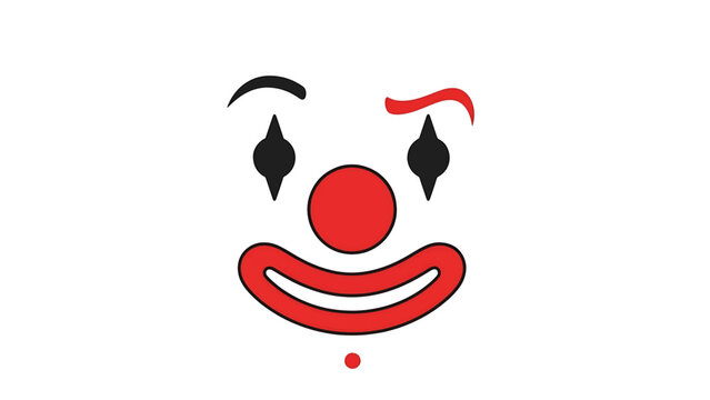 A simplified, cartoonish representation of a clown's face, featuring black eye shapes, red nose, red smile and eyebrows, all over a white background