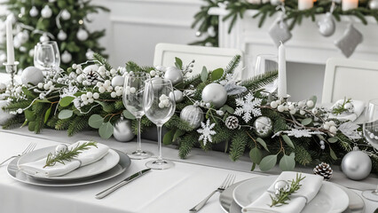 Fototapeta premium Elegant christmas table setting with white and silver decorations featuring pine branches baubles and snowflakes in a modern festive dining room interior for a seasonal celebration 