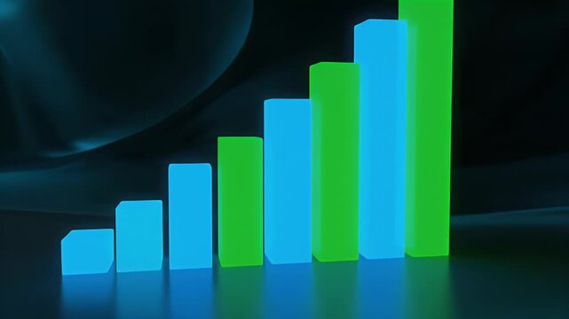 Futuristic glowing bar charts demonstrating consistent upward trajectory and positive data trends, ideal for representing financial gains or market expansion in a digital age