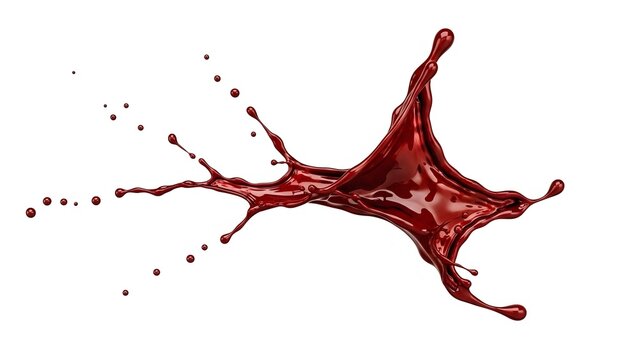 A dynamic splash of dark red liquid with droplets against a clean white background, creating an abstract and energetic visual. - Powered by Adobe