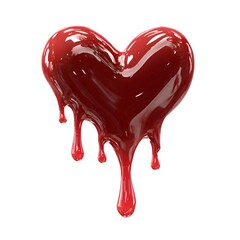 Obraz premium A shiny red heart shape with drips suggests passion or a broken heart with blood effect on a clean white background perfectly isolated.
