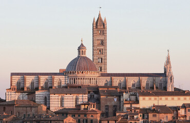 Naklejka premium view sunset siena cathedral with tall bell tower evening