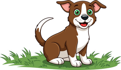 Cute Cartoon Puppy Dog Character Sitting on Green Grass, Happy Brown and White Pet Mascot Vector Illustration for Kids.