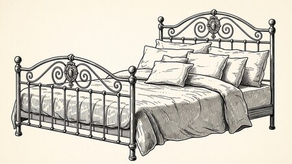 Vintage wrought iron bed frame with pillows.