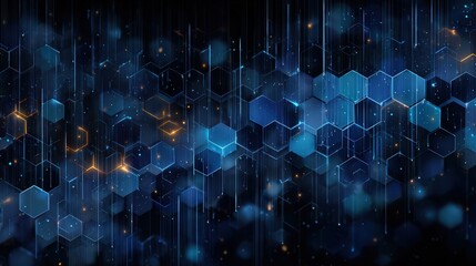 Digital technology concept features hexagonal patterns and futuristic elements in a blue background suitable for various creative projects