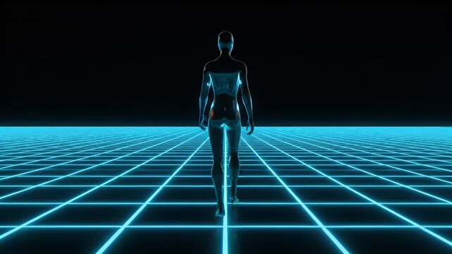 A captivating visual of a human silhouette confidently striding across an infinite, glowing blue grid, symbolizing progress and the vast potential of the digital frontier in a futuristic landscape