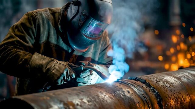 Industrial welder performing precision pipe welding with protective gear as sparks and smoke rise during heavy metal fabrication work