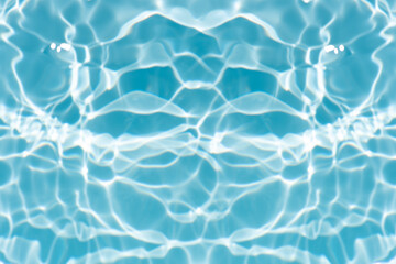 Fototapeta premium Blue water with ripples on the surface. Defocus blurred transparent blue colored clear calm water surface texture with splashes and bubbles. Water waves with shining pattern texture background.