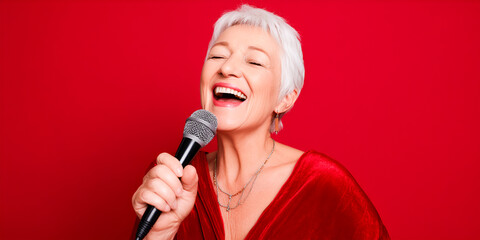 Senior woman with short white hair joyfully singing into a microphone while wearing a vibrant red dress, against a bright red background, capturing the essence of musical passion and performance