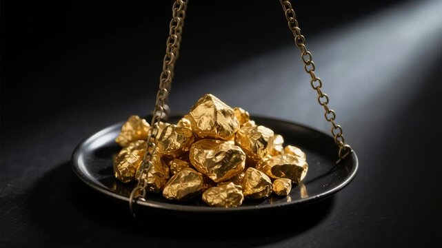 Gold mining. Golden nugget metal chain industrial scale plate with shiny weight balance symbolizing precious mineral wealth dark illuminated setting