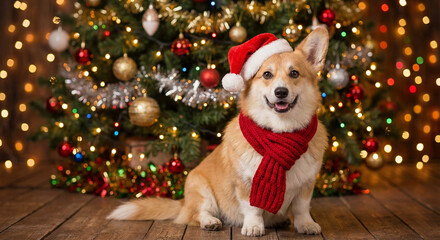Cute Corgi dog wearing Santa hat and red scarf sitting with Christmas tree, holiday pet