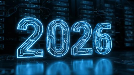 Year 2026 represented by luminous blue circuit board digits, symbolizing the horizon of advanced technology, data-driven innovation, and the future of digital connectivity